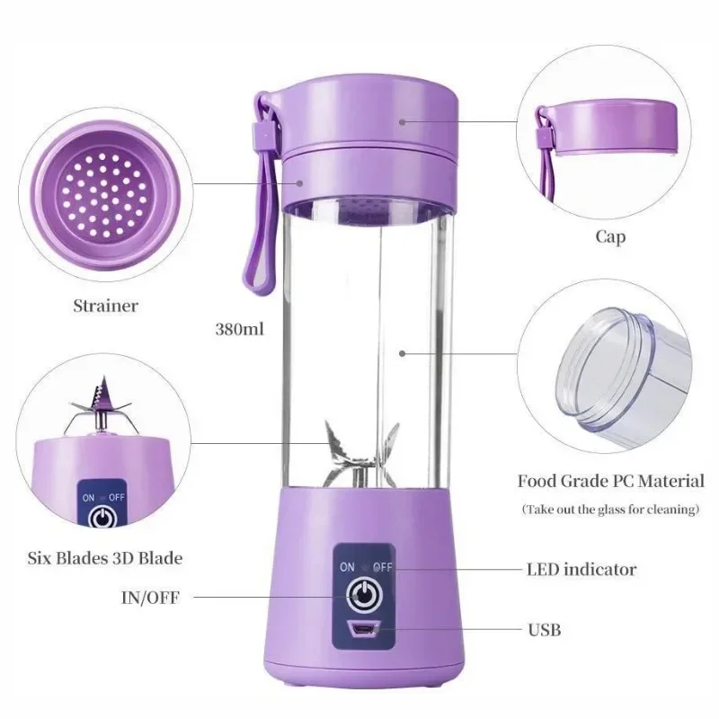 Portable 6-Blade Rechargeable Juice Blender 380ml